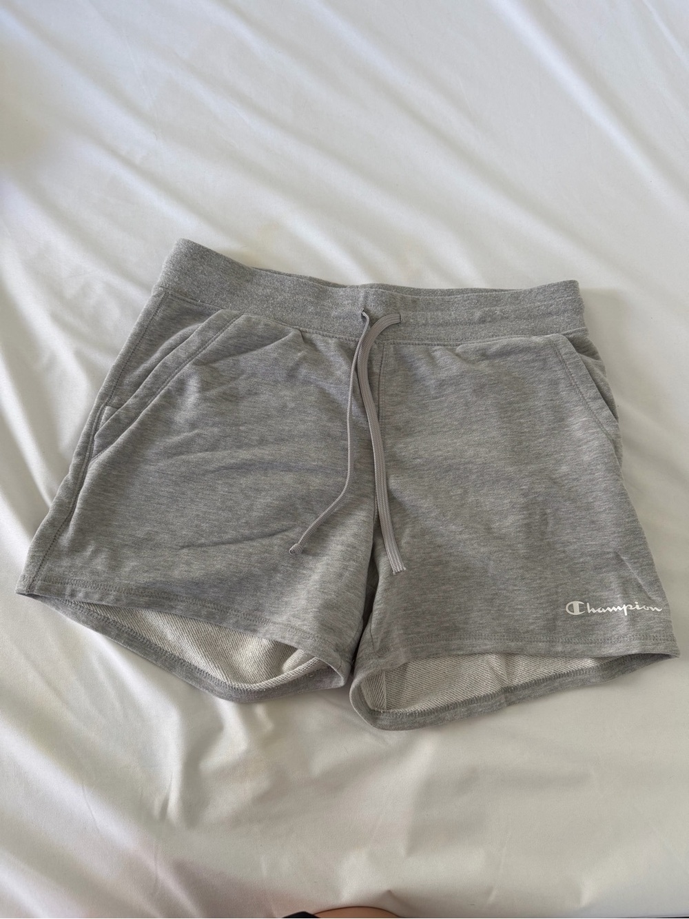 Champion Women's Light Gray Athletic Terry Shorts with Drawstring